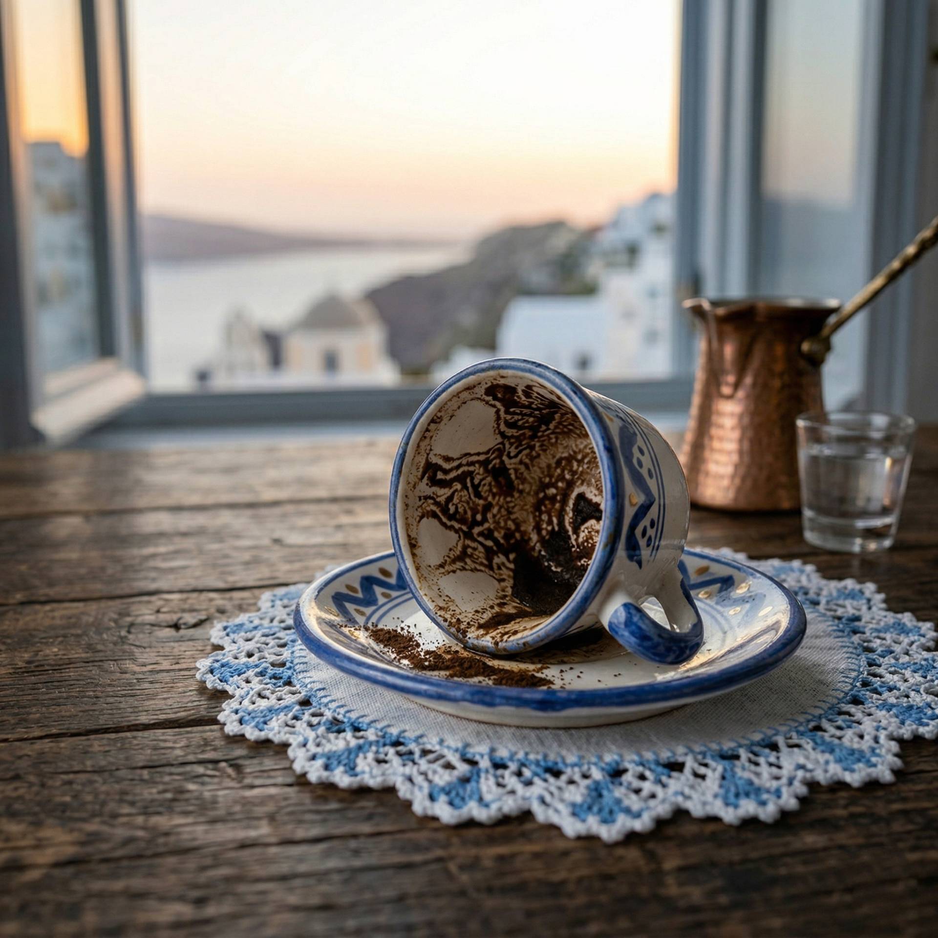 Ελληνικό φλιτζάνι καφέ με κατακάθια δίπλα σε παράθυρο στο ηλιοβασίλεμα